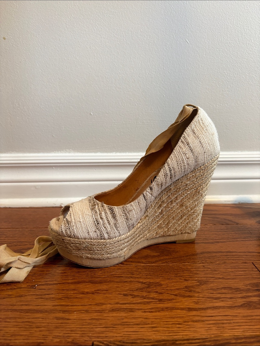 ❣️Vintage Beige Espadrille Wedge Peep-Toe with Ankle Tie
